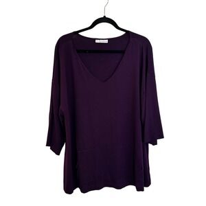 Bryn Walker Knit Tunic Top Size L Dark Purple V-Neck Kangaroo Pocket Lagenlook